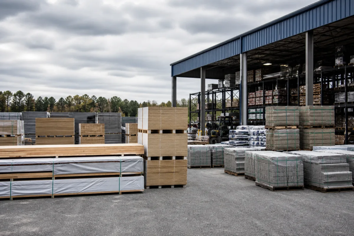 Lumber and masonry products stored in a building materials distribution yard