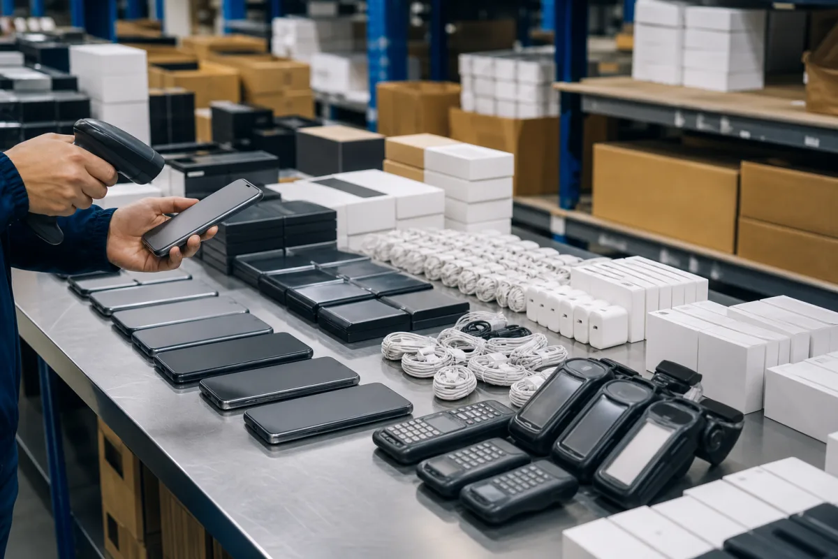 Consumer electronics and accessories arranged at a distribution workbench