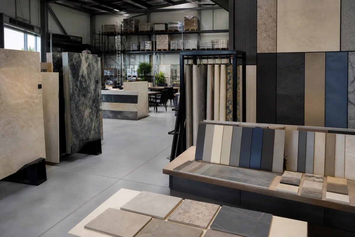 Tile, stone and other decorative surface samples arranged for comparison