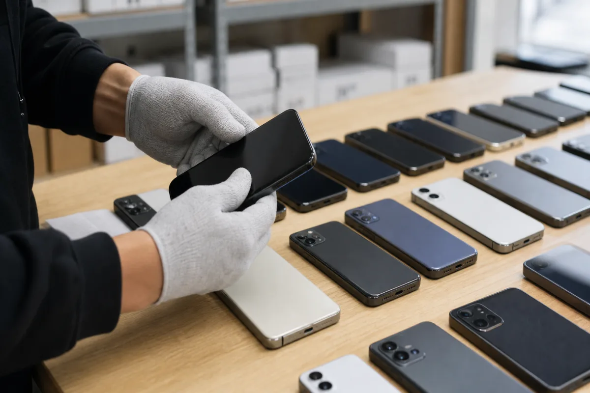 Gloved hands inspecting mobile phones on a work surface