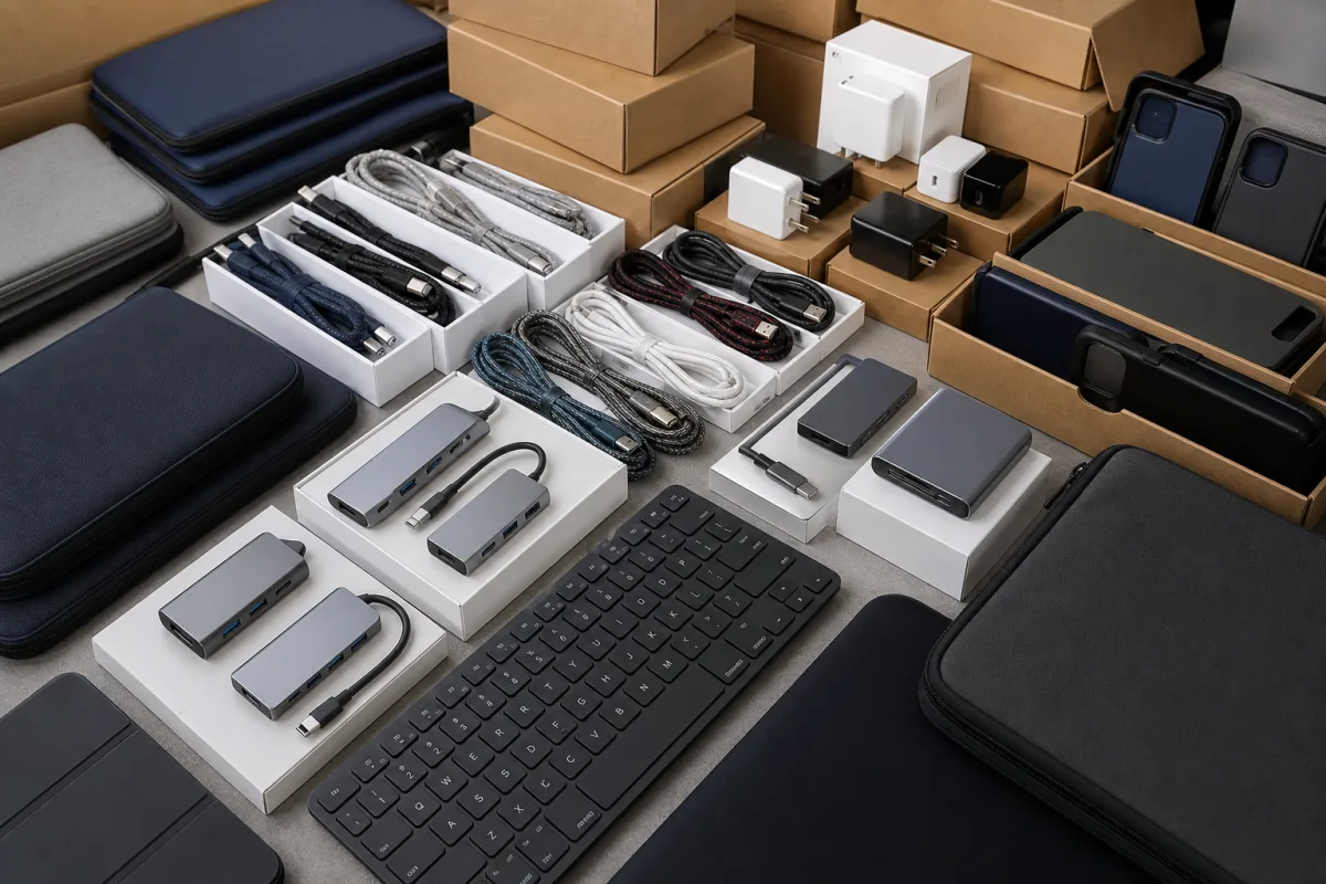 Cables, phone cases and electronic accessories arranged for assortment review