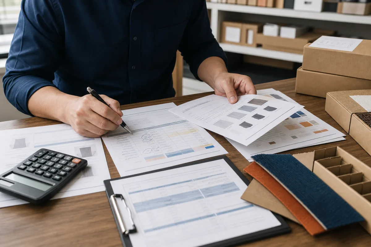 A buyer reviewing documents with a calculator and product samples on a desk