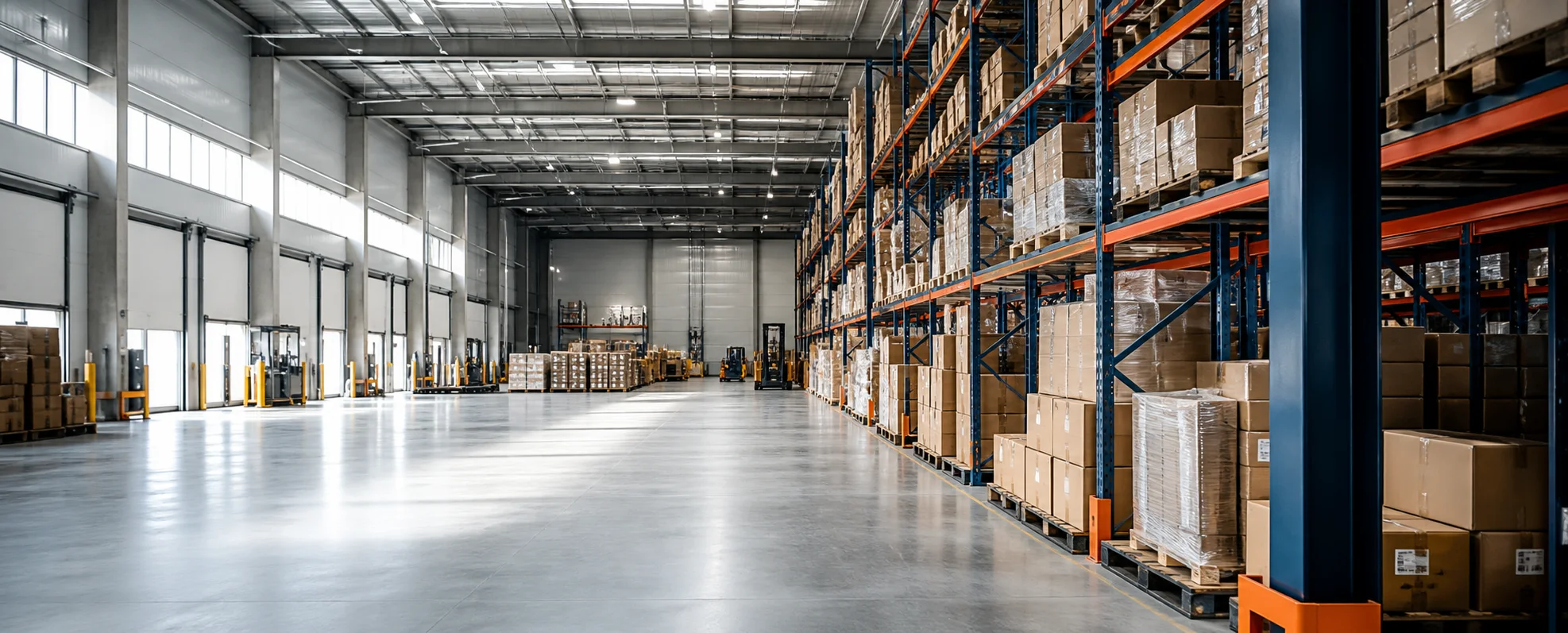 Warehouse aisles lined with racks of boxed inventory